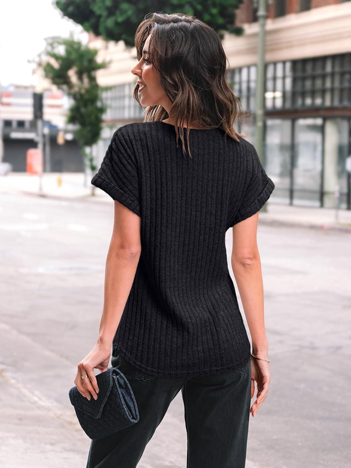 imageAUTOMET Women Textured Shirts Fall Sweaters Loose Fit Short Sleeve Tunic Tops 2025 Dressy Casual Business BlousesBlack