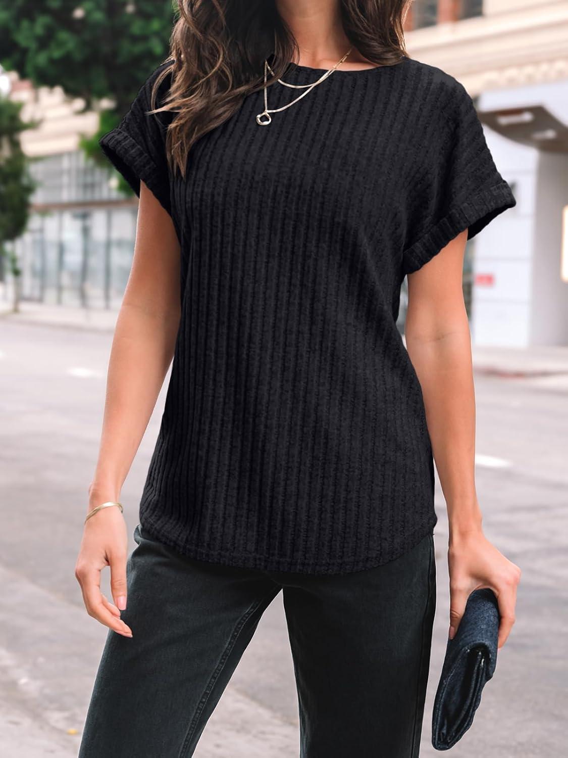 imageAUTOMET Women Textured Shirts Fall Sweaters Loose Fit Short Sleeve Tunic Tops 2025 Dressy Casual Business BlousesBlack