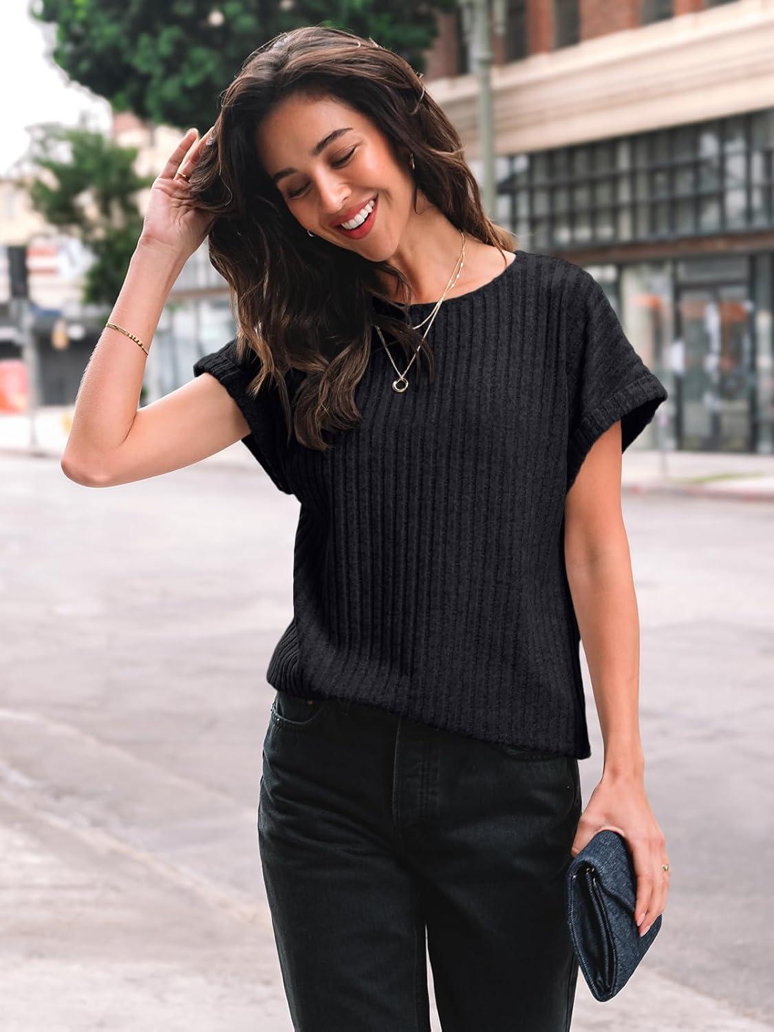 imageAUTOMET Women Textured Shirts Fall Sweaters Loose Fit Short Sleeve Tunic Tops 2025 Dressy Casual Business BlousesBlack