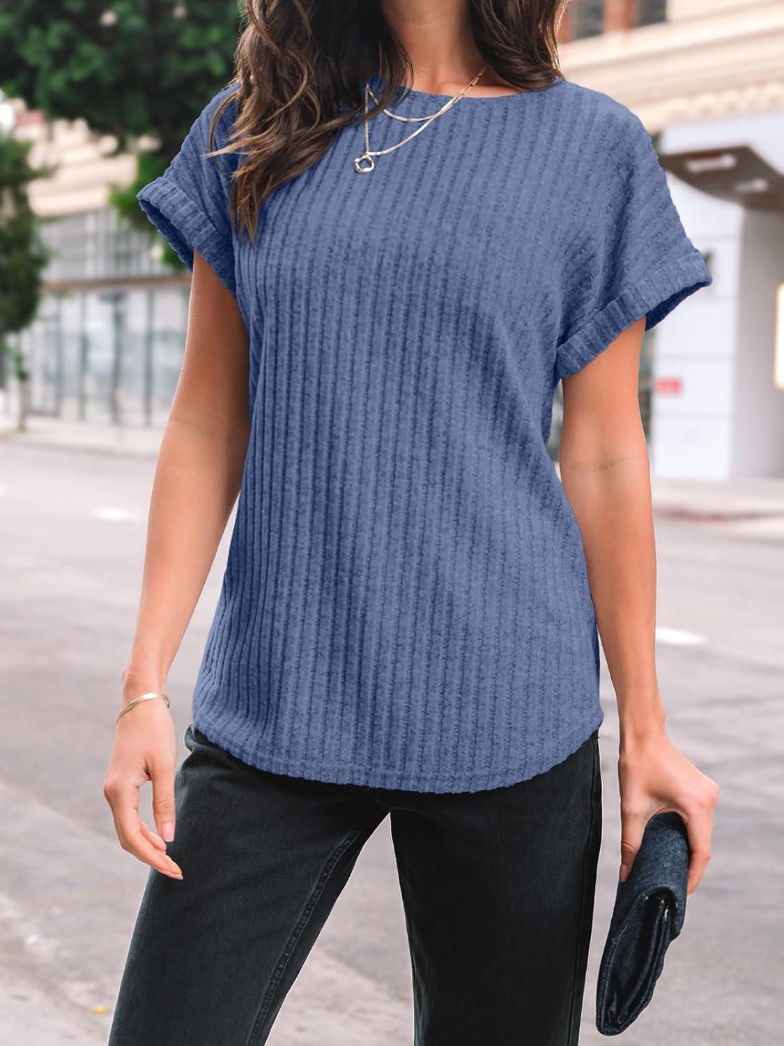 imageAUTOMET Women Textured Shirts Fall Sweaters Loose Fit Short Sleeve Tunic Tops 2025 Dressy Casual Business BlousesBlue