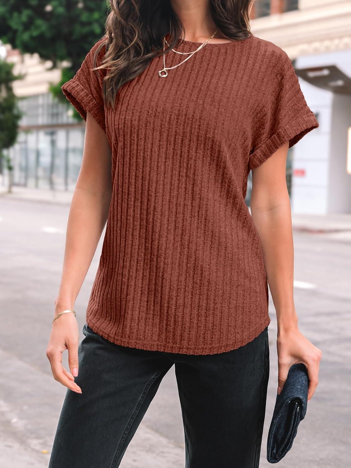 imageAUTOMET Women Textured Shirts Fall Sweaters Loose Fit Short Sleeve Tunic Tops 2025 Dressy Casual Business BlousesBrown