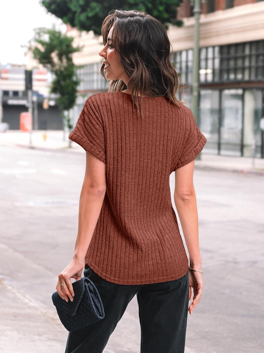 imageAUTOMET Women Textured Shirts Fall Sweaters Loose Fit Short Sleeve Tunic Tops 2025 Dressy Casual Business BlousesBrown