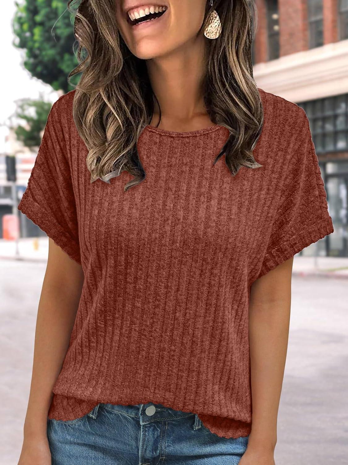 imageAUTOMET Women Textured Shirts Fall Sweaters Loose Fit Short Sleeve Tunic Tops 2025 Dressy Casual Business BlousesBrown