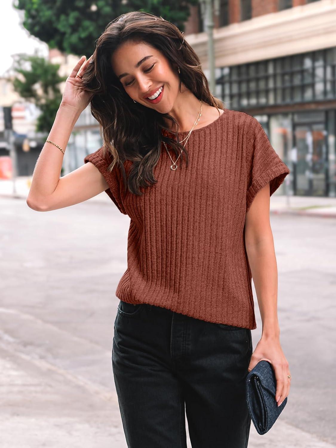 imageAUTOMET Women Textured Shirts Fall Sweaters Loose Fit Short Sleeve Tunic Tops 2025 Dressy Casual Business BlousesBrown