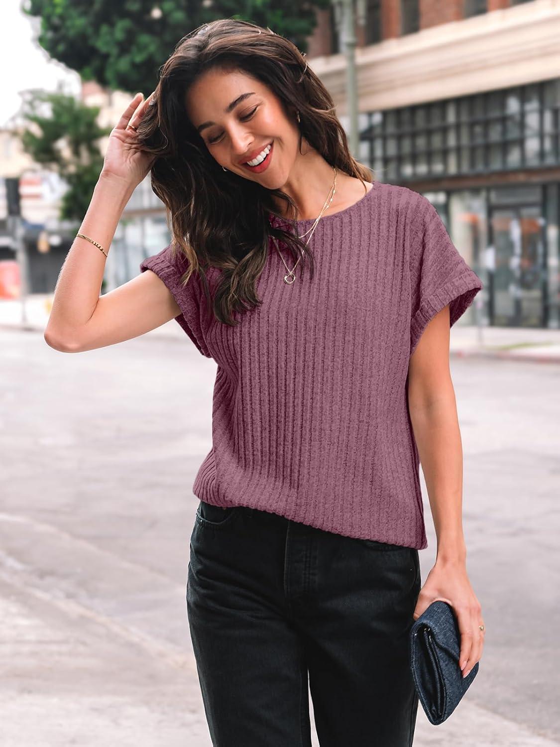 imageAUTOMET Women Textured Shirts Fall Sweaters Loose Fit Short Sleeve Tunic Tops 2025 Dressy Casual Business BlousesBurgundy