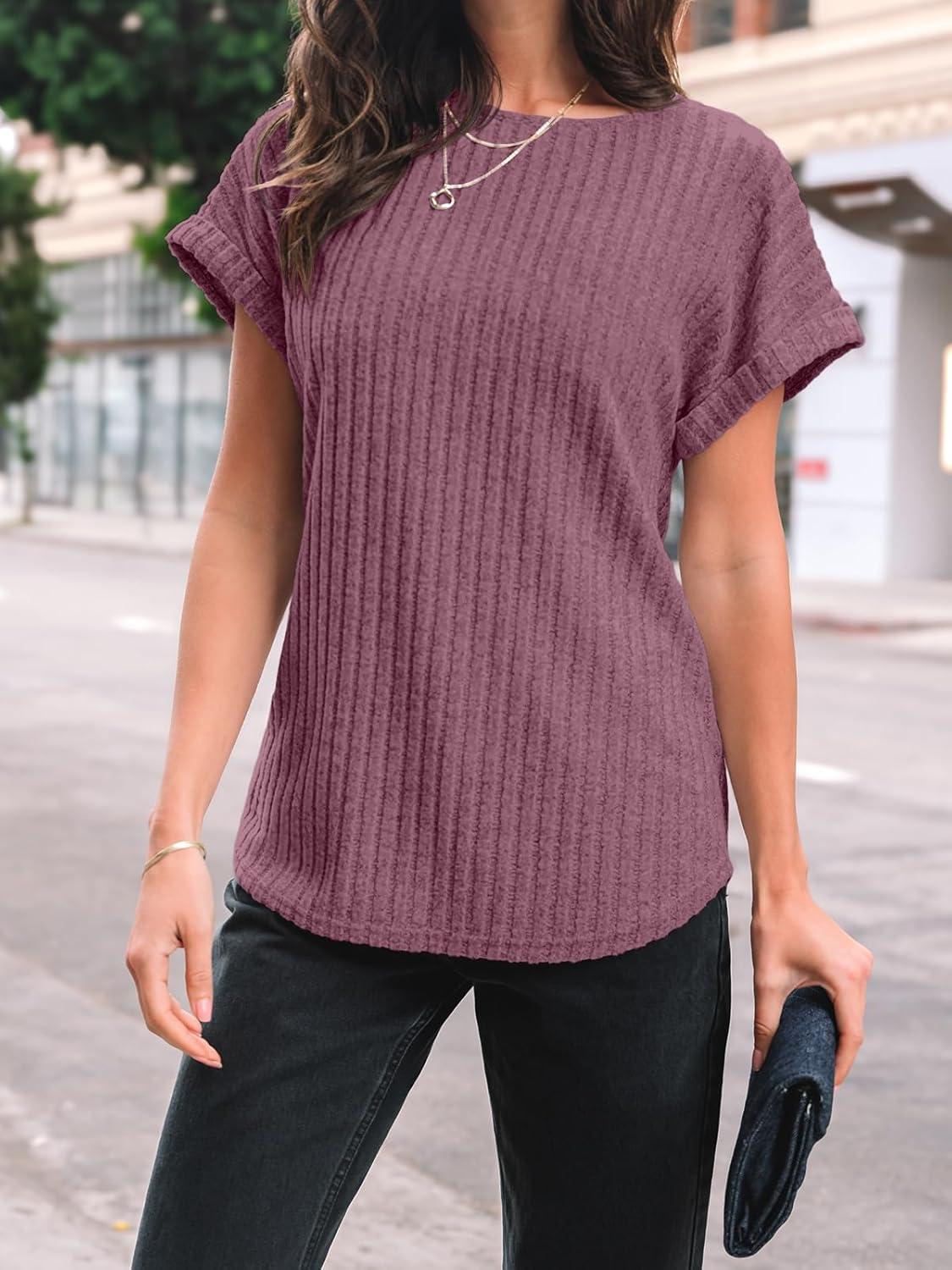 imageAUTOMET Women Textured Shirts Fall Sweaters Loose Fit Short Sleeve Tunic Tops 2025 Dressy Casual Business BlousesBurgundy