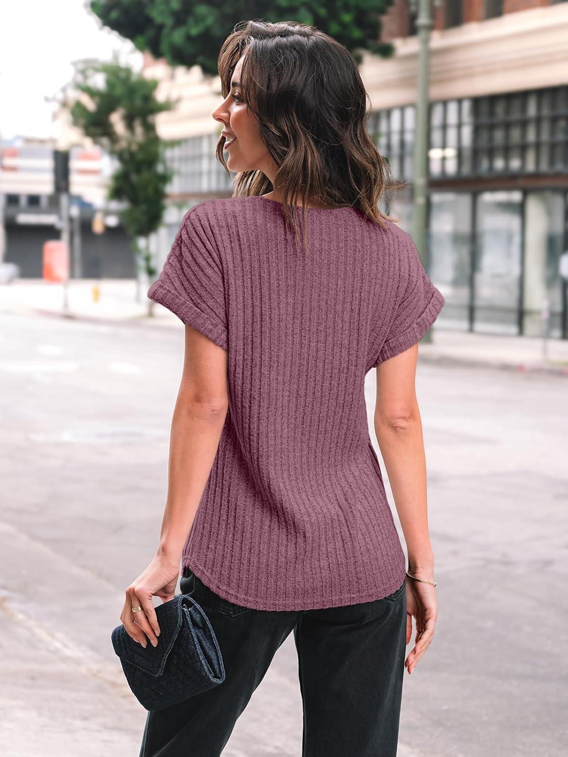 imageAUTOMET Women Textured Shirts Fall Sweaters Loose Fit Short Sleeve Tunic Tops 2025 Dressy Casual Business BlousesBurgundy