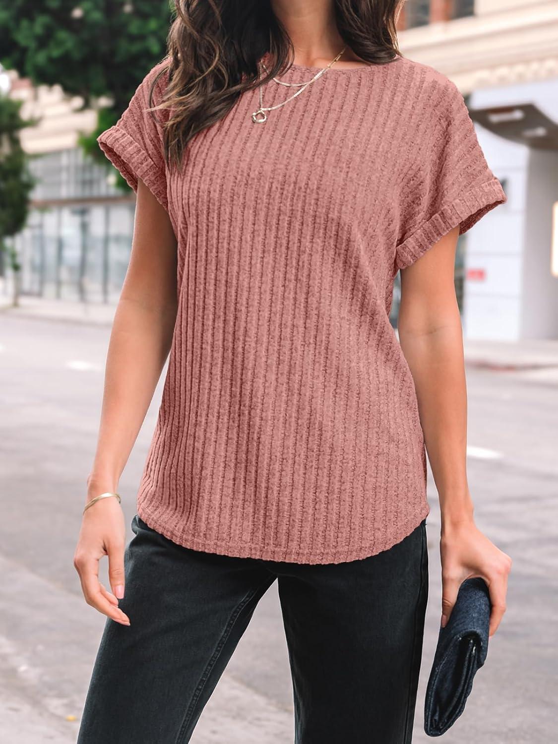 imageAUTOMET Women Textured Shirts Fall Sweaters Loose Fit Short Sleeve Tunic Tops 2025 Dressy Casual Business BlousesCoral