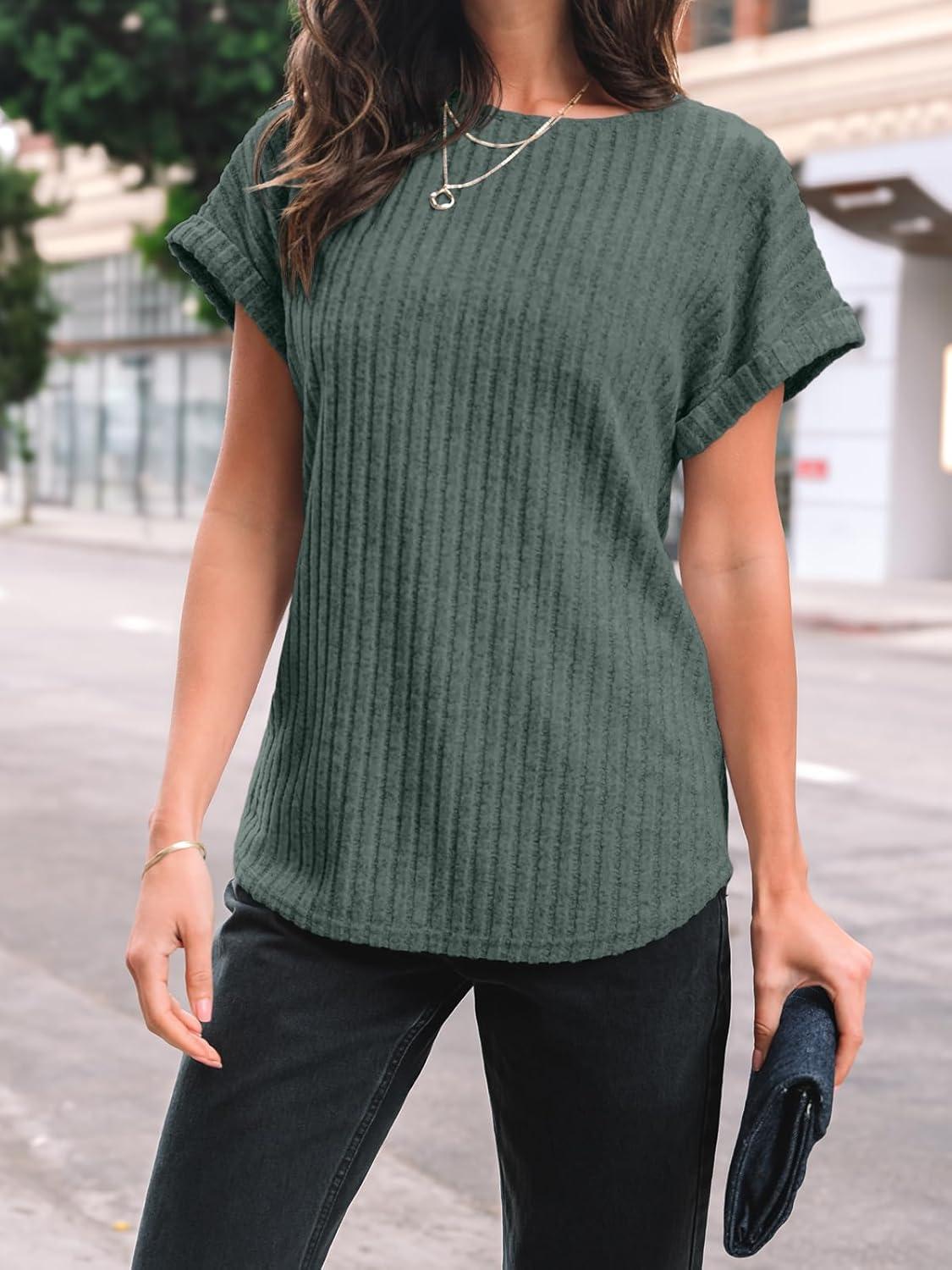 imageAUTOMET Women Textured Shirts Fall Sweaters Loose Fit Short Sleeve Tunic Tops 2025 Dressy Casual Business BlousesGreen
