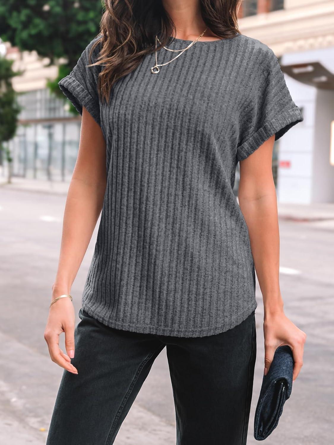 imageAUTOMET Women Textured Shirts Fall Sweaters Loose Fit Short Sleeve Tunic Tops 2025 Dressy Casual Business BlousesGrey