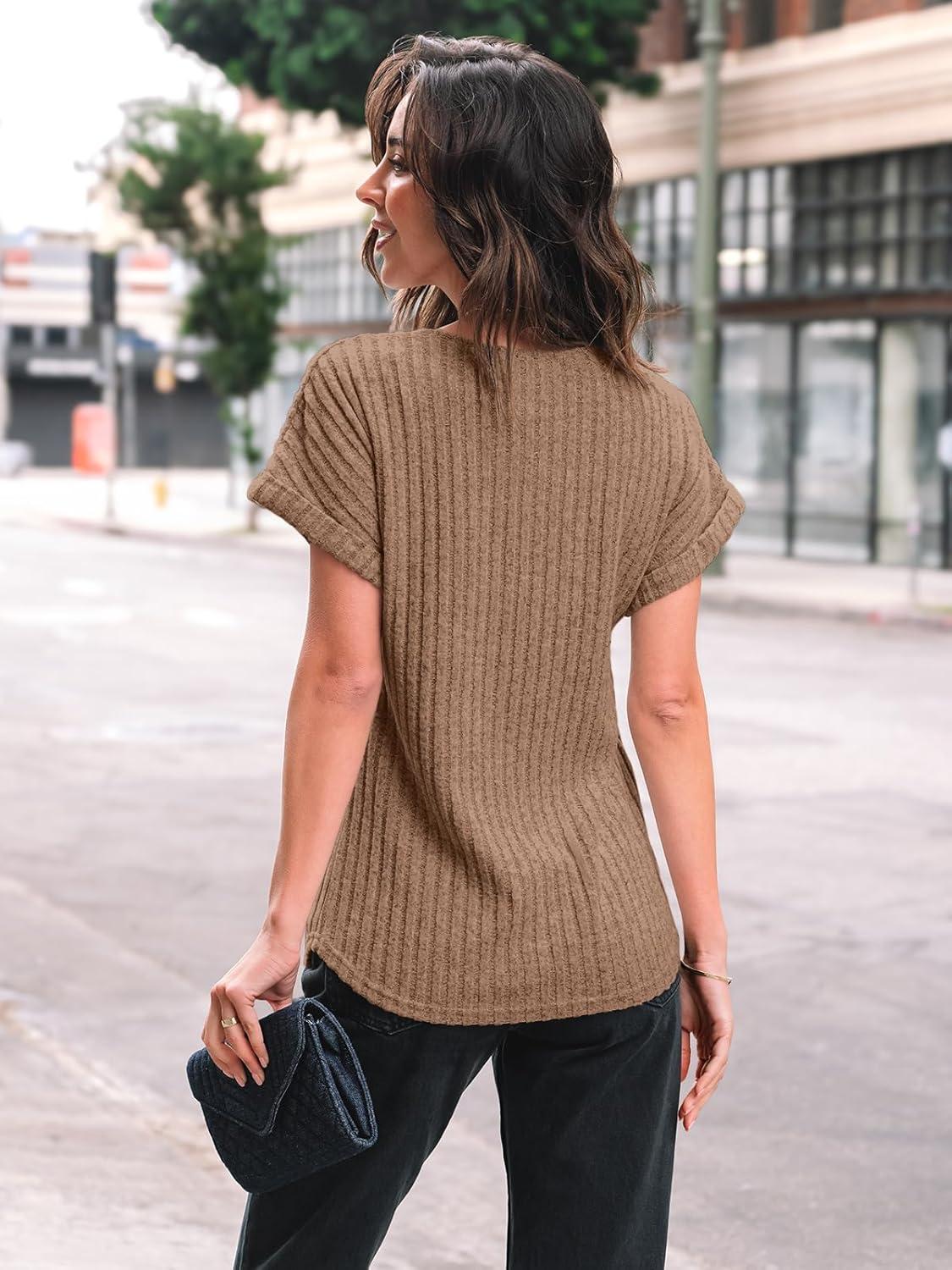 imageAUTOMET Women Textured Shirts Fall Sweaters Loose Fit Short Sleeve Tunic Tops 2025 Dressy Casual Business BlousesKhaki