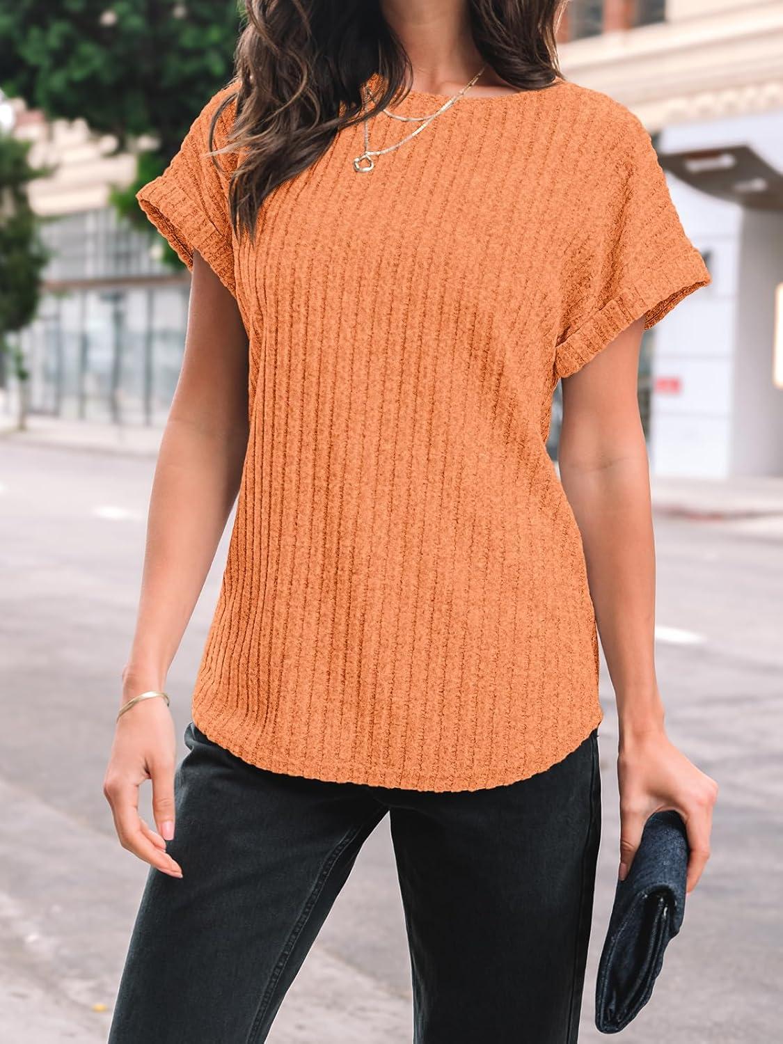 imageAUTOMET Women Textured Shirts Fall Sweaters Loose Fit Short Sleeve Tunic Tops 2025 Dressy Casual Business BlousesOrange