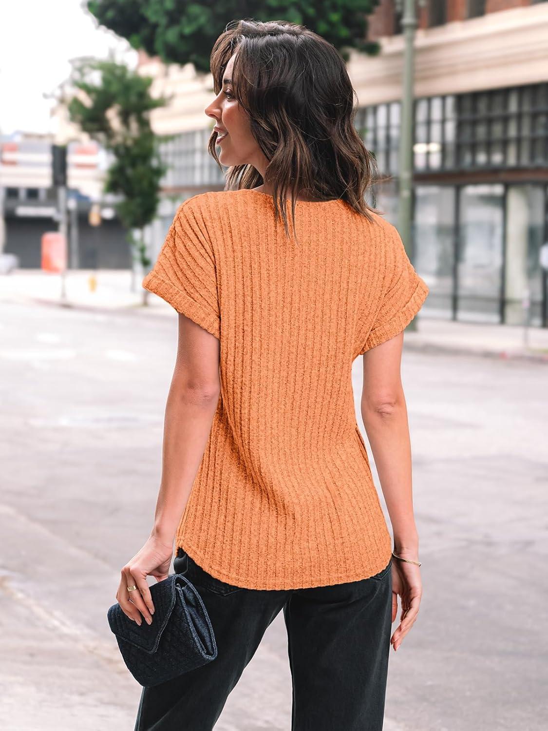 imageAUTOMET Women Textured Shirts Fall Sweaters Loose Fit Short Sleeve Tunic Tops 2025 Dressy Casual Business BlousesOrange