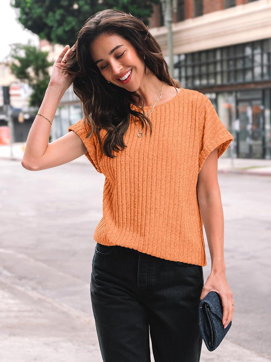 imageAUTOMET Women Textured Shirts Fall Sweaters Loose Fit Short Sleeve Tunic Tops 2025 Dressy Casual Business BlousesOrange