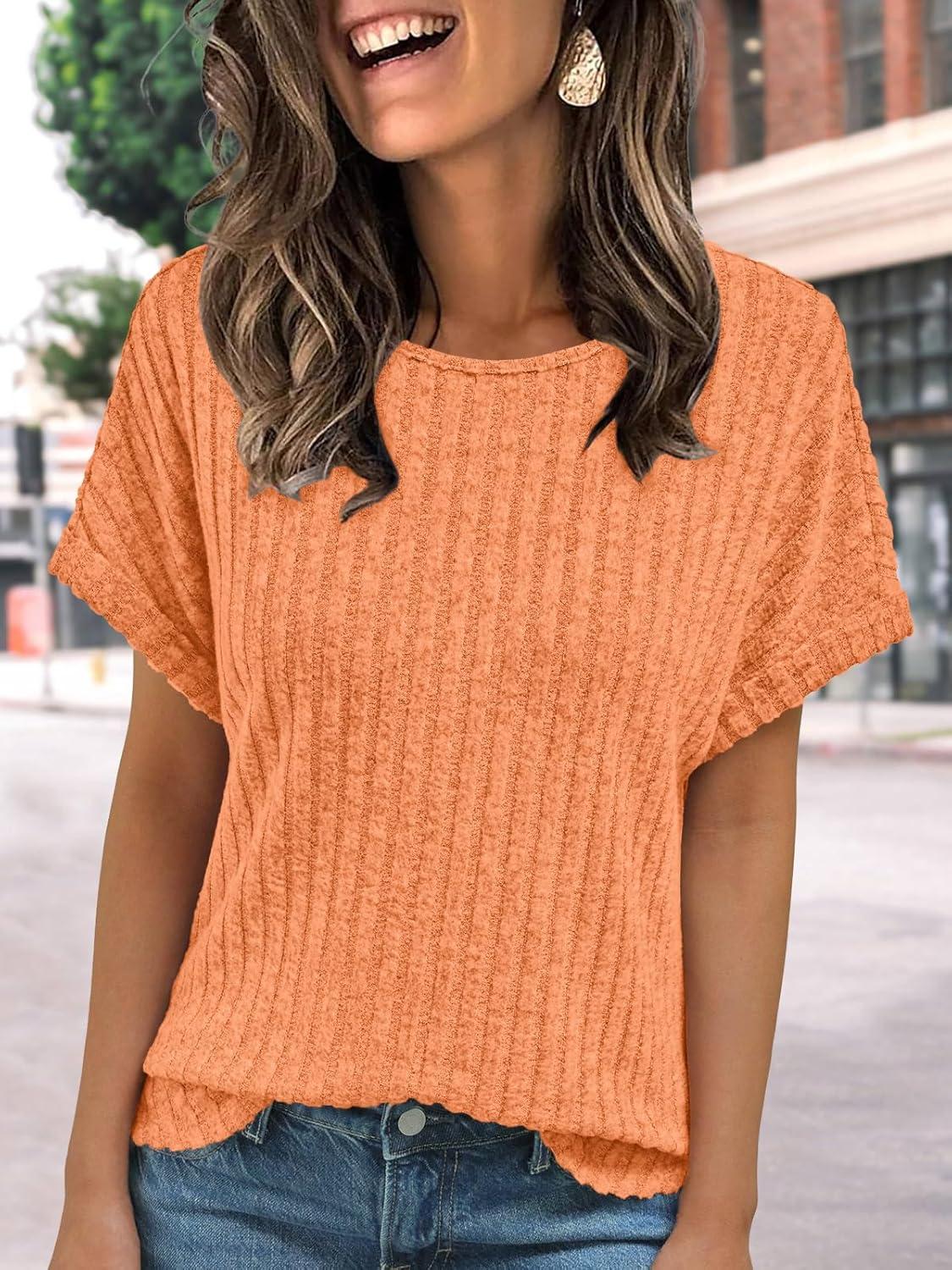 imageAUTOMET Women Textured Shirts Fall Sweaters Loose Fit Short Sleeve Tunic Tops 2025 Dressy Casual Business BlousesOrange