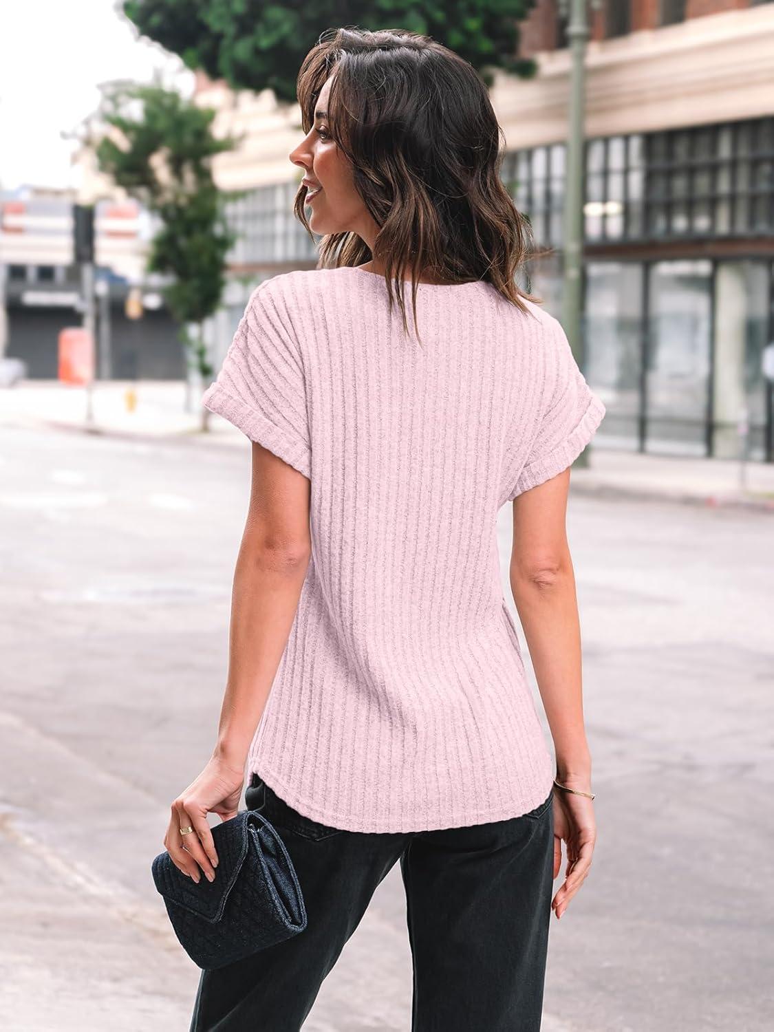 imageAUTOMET Women Textured Shirts Fall Sweaters Loose Fit Short Sleeve Tunic Tops 2025 Dressy Casual Business BlousesPink