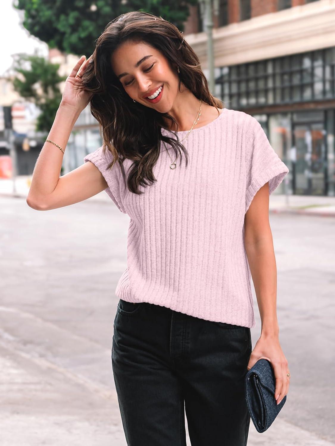 imageAUTOMET Women Textured Shirts Fall Sweaters Loose Fit Short Sleeve Tunic Tops 2025 Dressy Casual Business BlousesPink