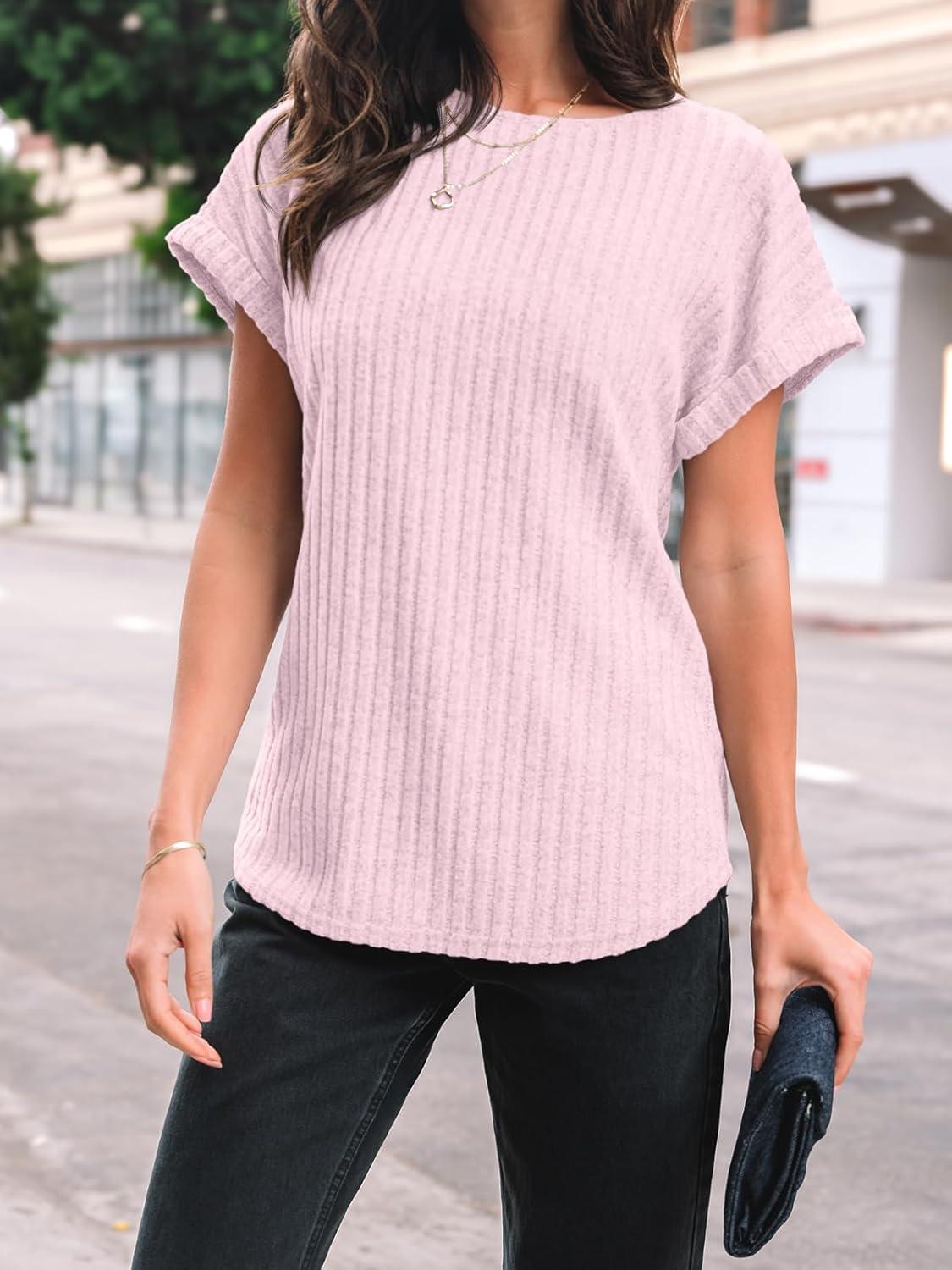 imageAUTOMET Women Textured Shirts Fall Sweaters Loose Fit Short Sleeve Tunic Tops 2025 Dressy Casual Business BlousesPink