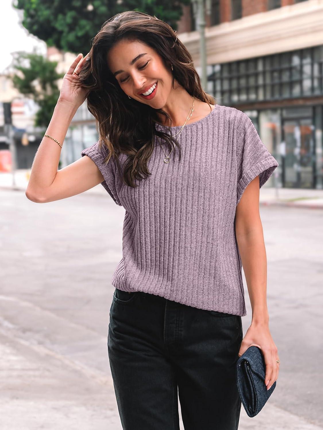 imageAUTOMET Women Textured Shirts Fall Sweaters Loose Fit Short Sleeve Tunic Tops 2025 Dressy Casual Business BlousesPinkpurple