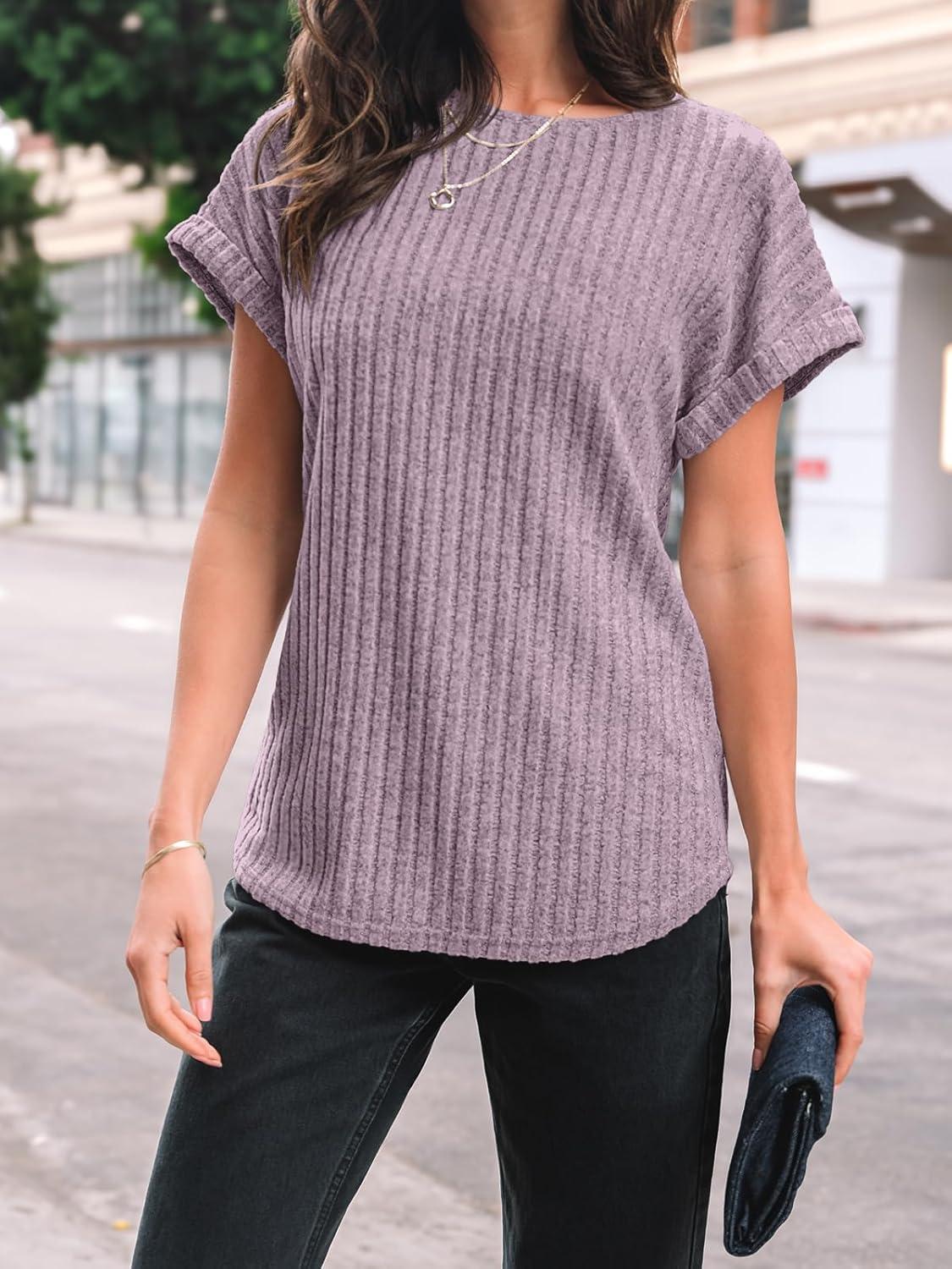 imageAUTOMET Women Textured Shirts Fall Sweaters Loose Fit Short Sleeve Tunic Tops 2025 Dressy Casual Business BlousesPinkpurple