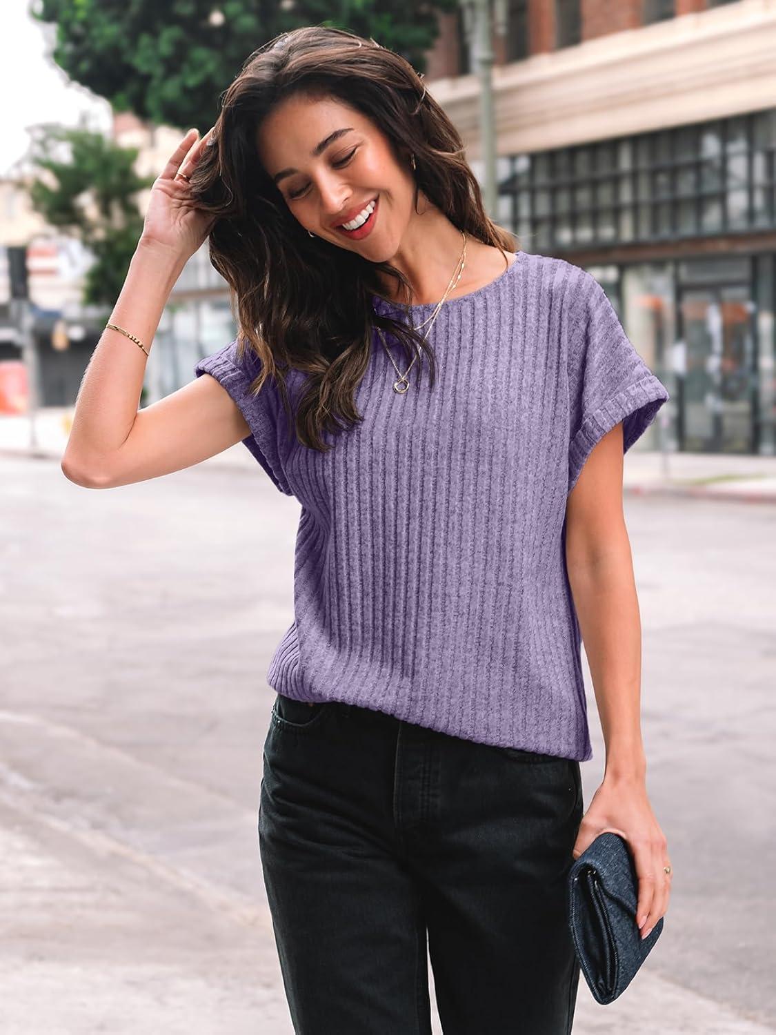 imageAUTOMET Women Textured Shirts Fall Sweaters Loose Fit Short Sleeve Tunic Tops 2025 Dressy Casual Business BlousesPurple