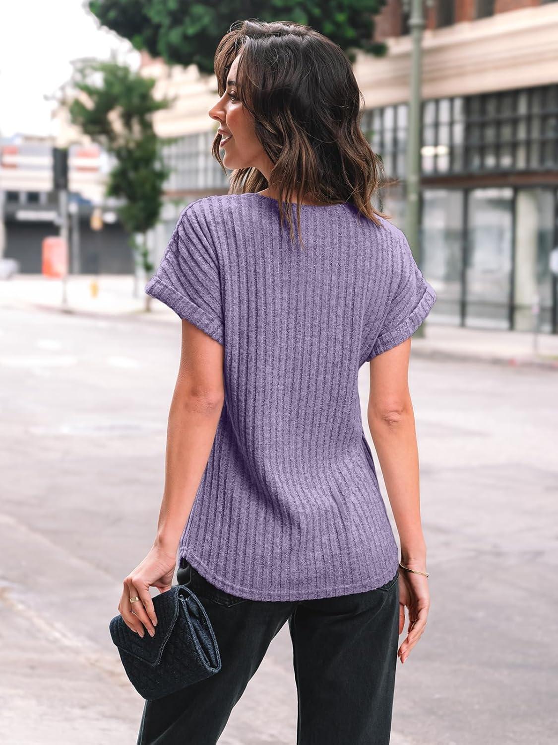 imageAUTOMET Women Textured Shirts Fall Sweaters Loose Fit Short Sleeve Tunic Tops 2025 Dressy Casual Business BlousesPurple