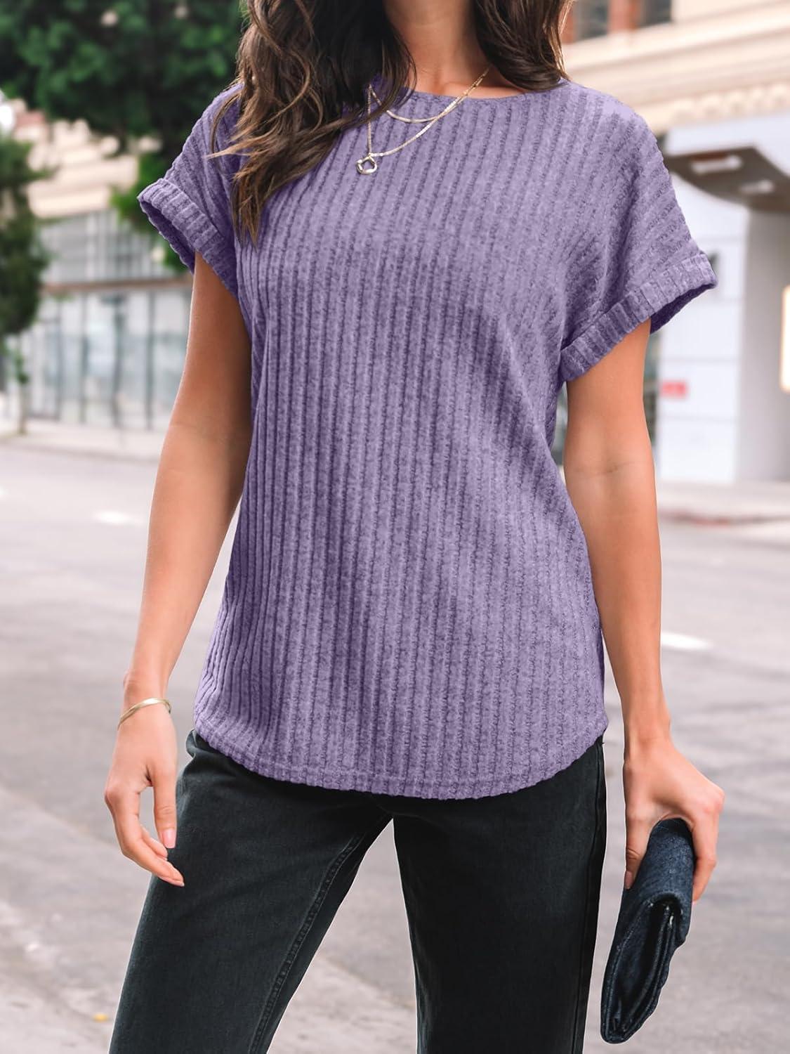 imageAUTOMET Women Textured Shirts Fall Sweaters Loose Fit Short Sleeve Tunic Tops 2025 Dressy Casual Business BlousesPurple