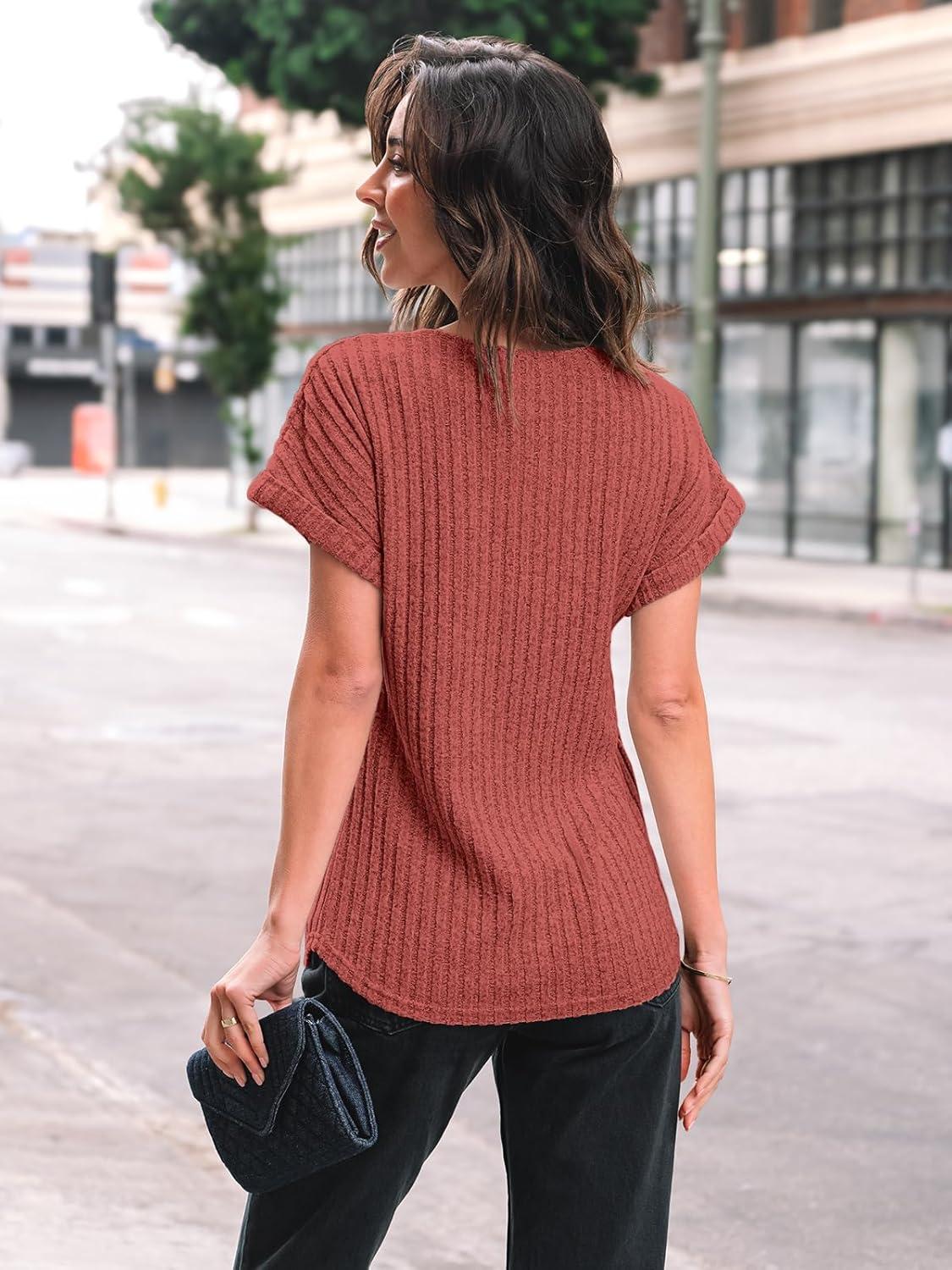 imageAUTOMET Women Textured Shirts Fall Sweaters Loose Fit Short Sleeve Tunic Tops 2025 Dressy Casual Business BlousesRed