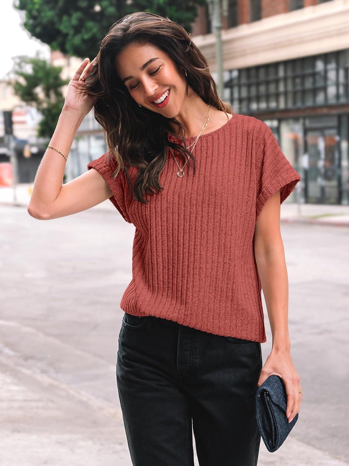 imageAUTOMET Women Textured Shirts Fall Sweaters Loose Fit Short Sleeve Tunic Tops 2025 Dressy Casual Business BlousesRed