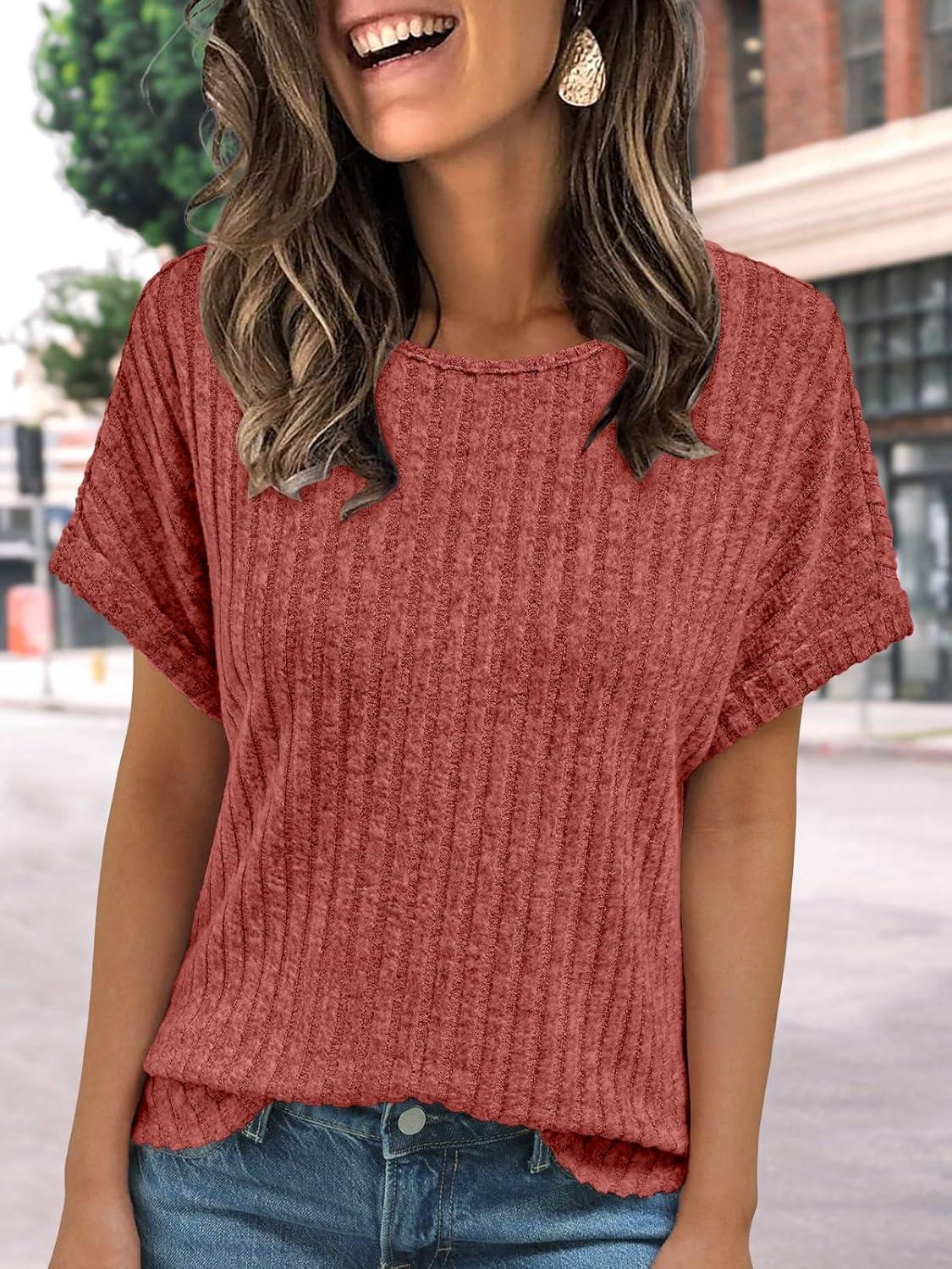 imageAUTOMET Women Textured Shirts Fall Sweaters Loose Fit Short Sleeve Tunic Tops 2025 Dressy Casual Business BlousesRed