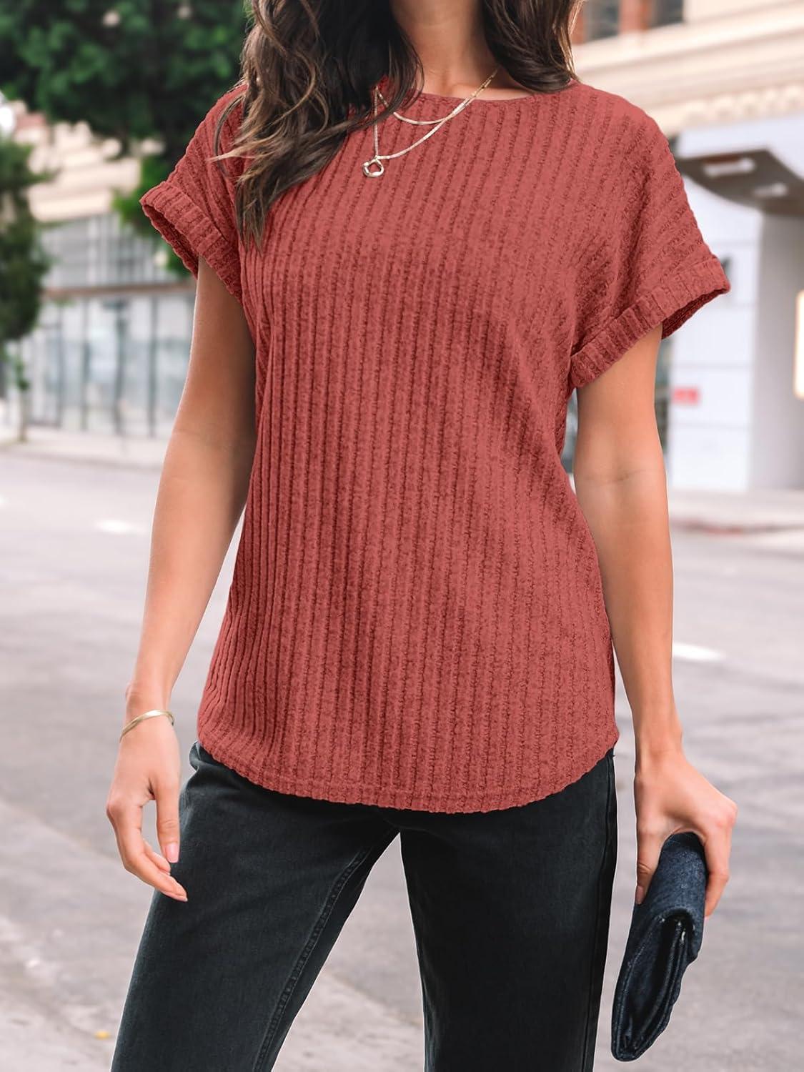imageAUTOMET Women Textured Shirts Fall Sweaters Loose Fit Short Sleeve Tunic Tops 2025 Dressy Casual Business BlousesRed