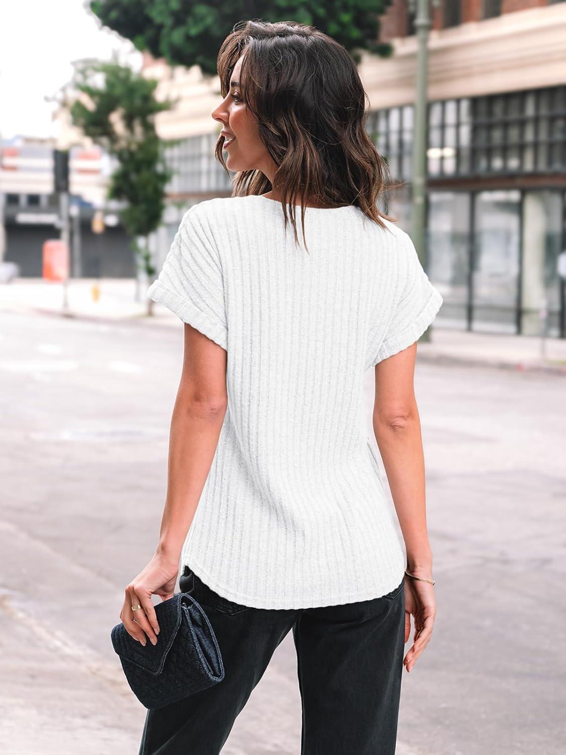 imageAUTOMET Women Textured Shirts Fall Sweaters Loose Fit Short Sleeve Tunic Tops 2025 Dressy Casual Business BlousesWhite