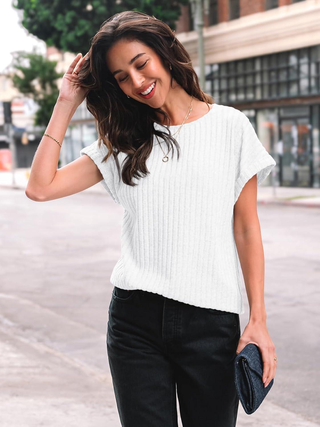 imageAUTOMET Women Textured Shirts Fall Sweaters Loose Fit Short Sleeve Tunic Tops 2025 Dressy Casual Business BlousesWhite