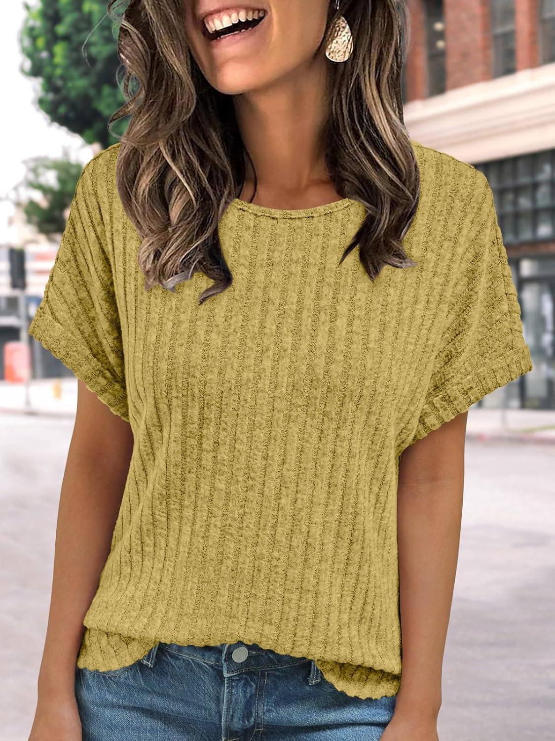 imageAUTOMET Women Textured Shirts Fall Sweaters Loose Fit Short Sleeve Tunic Tops 2025 Dressy Casual Business BlousesYellow