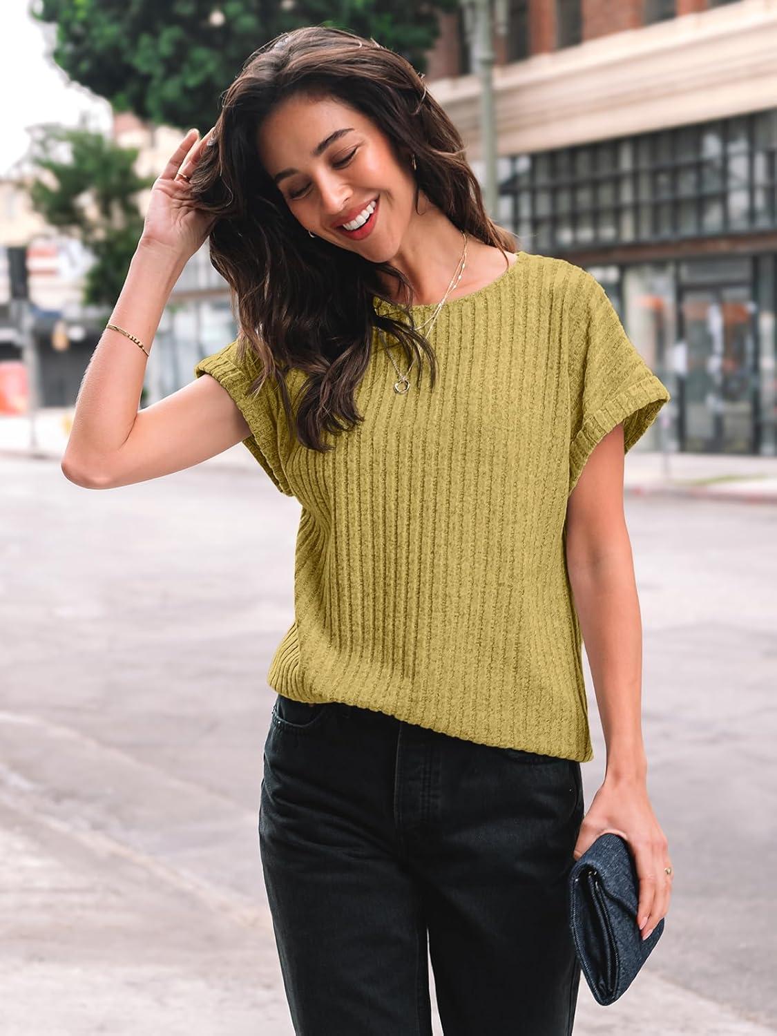 imageAUTOMET Women Textured Shirts Fall Sweaters Loose Fit Short Sleeve Tunic Tops 2025 Dressy Casual Business BlousesYellow