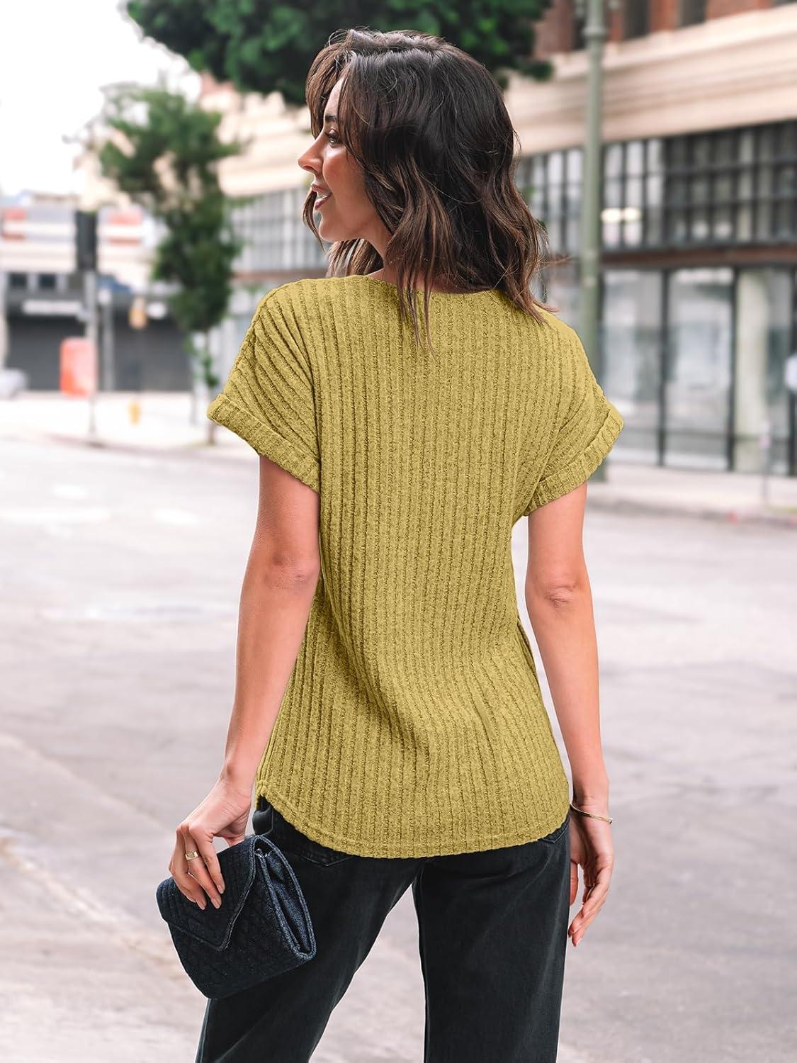 imageAUTOMET Women Textured Shirts Fall Sweaters Loose Fit Short Sleeve Tunic Tops 2025 Dressy Casual Business BlousesYellow