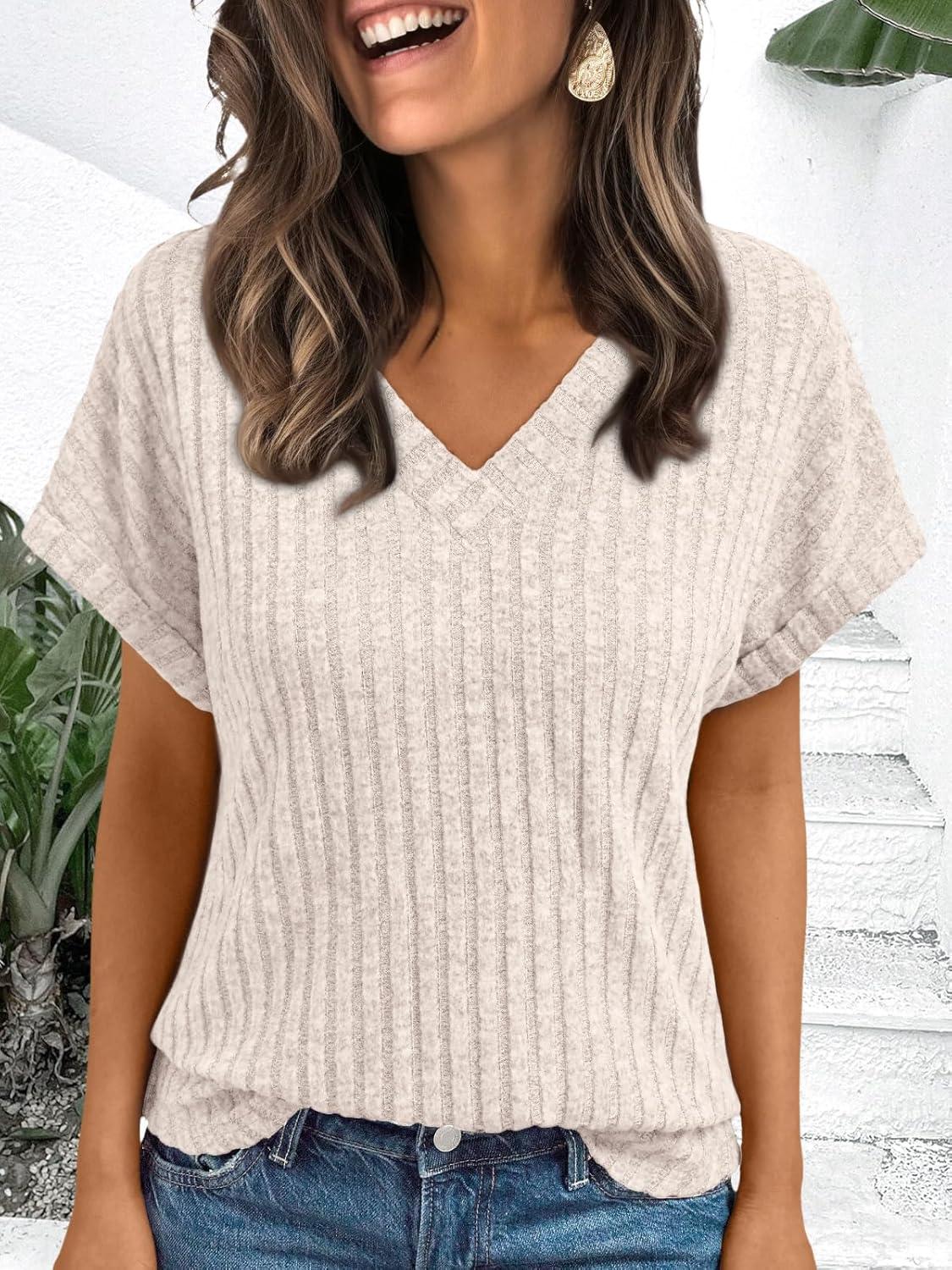 imageAUTOMET Women Tops Summer Sweaters Short Sleeve Shirts 2025 Spring Vacation Fashion Dressy Casual Business V Neck BlousesApricot