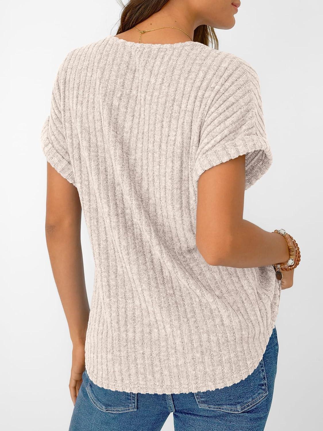 imageAUTOMET Women Tops Summer Sweaters Short Sleeve Shirts 2025 Spring Vacation Fashion Dressy Casual Business V Neck BlousesApricot