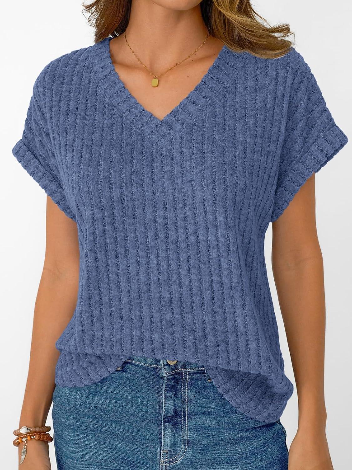 imageAUTOMET Women Tops Summer Sweaters Short Sleeve Shirts 2025 Spring Vacation Fashion Dressy Casual Business V Neck BlousesBlue