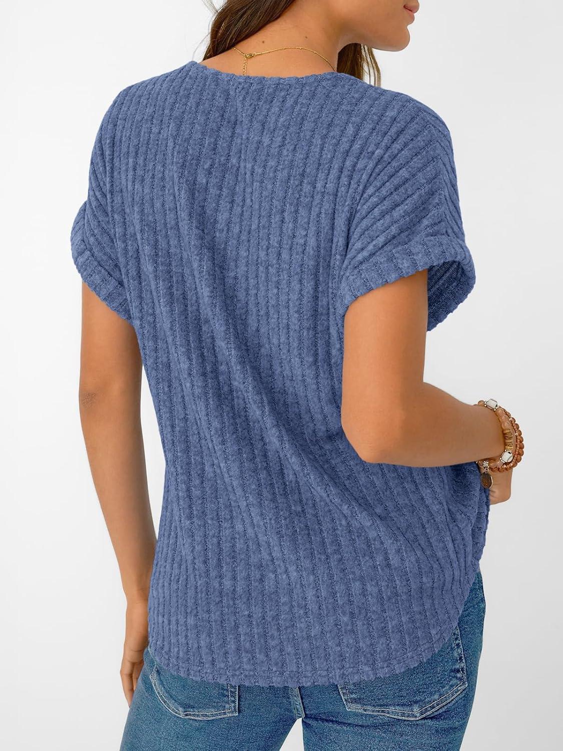 imageAUTOMET Women Tops Summer Sweaters Short Sleeve Shirts 2025 Spring Vacation Fashion Dressy Casual Business V Neck BlousesBlue