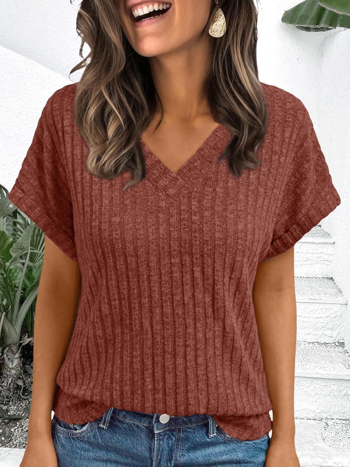 imageAUTOMET Women Tops Summer Sweaters Short Sleeve Shirts 2025 Spring Vacation Fashion Dressy Casual Business V Neck BlousesBrown