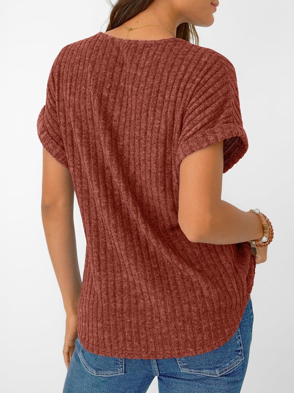 imageAUTOMET Women Tops Summer Sweaters Short Sleeve Shirts 2025 Spring Vacation Fashion Dressy Casual Business V Neck BlousesBrown