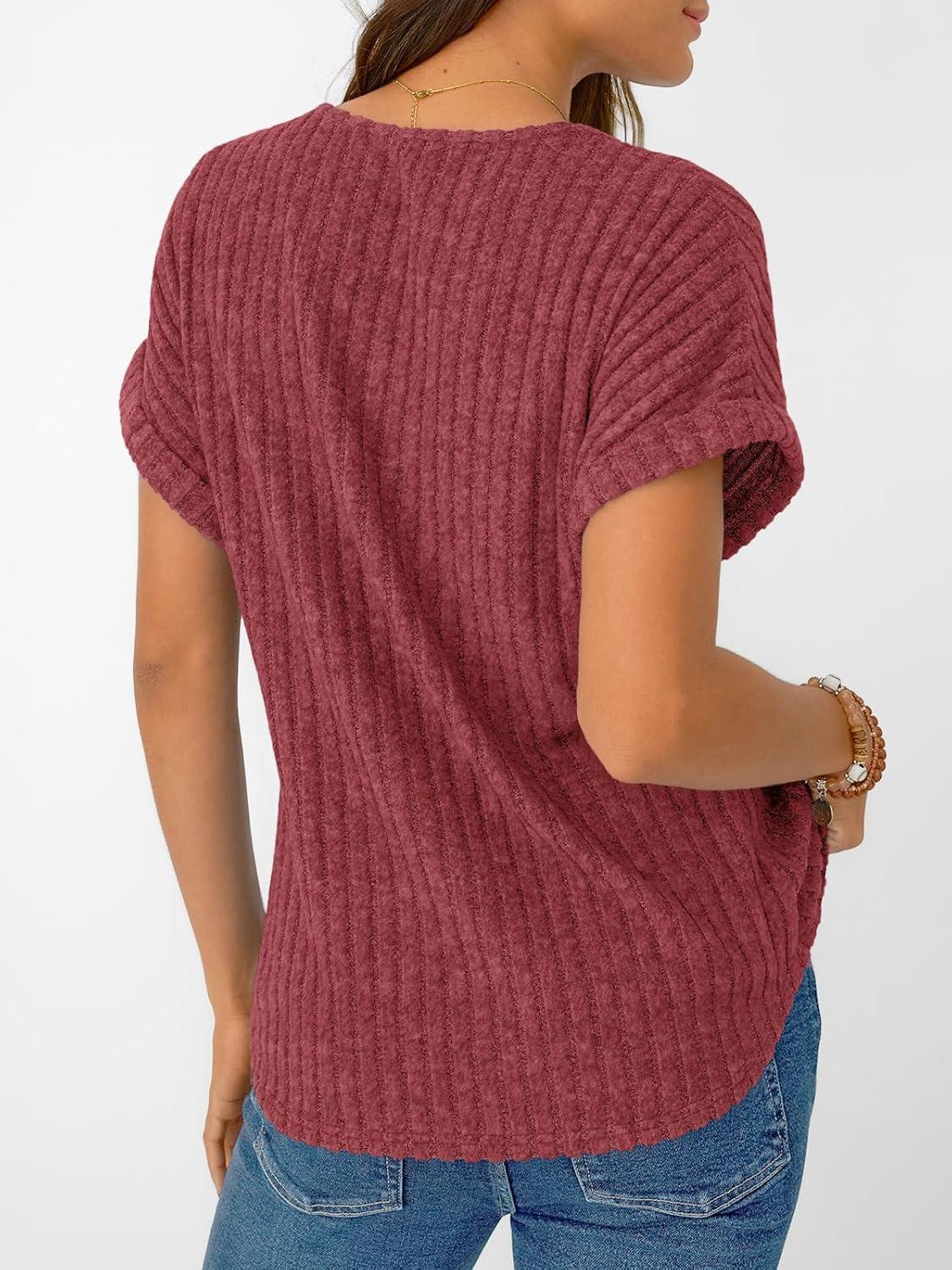 imageAUTOMET Women Tops Summer Sweaters Short Sleeve Shirts 2025 Spring Vacation Fashion Dressy Casual Business V Neck BlousesBurgundy