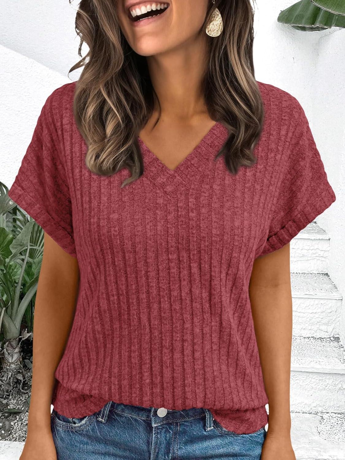 imageAUTOMET Women Tops Summer Sweaters Short Sleeve Shirts 2025 Spring Vacation Fashion Dressy Casual Business V Neck BlousesBurgundy