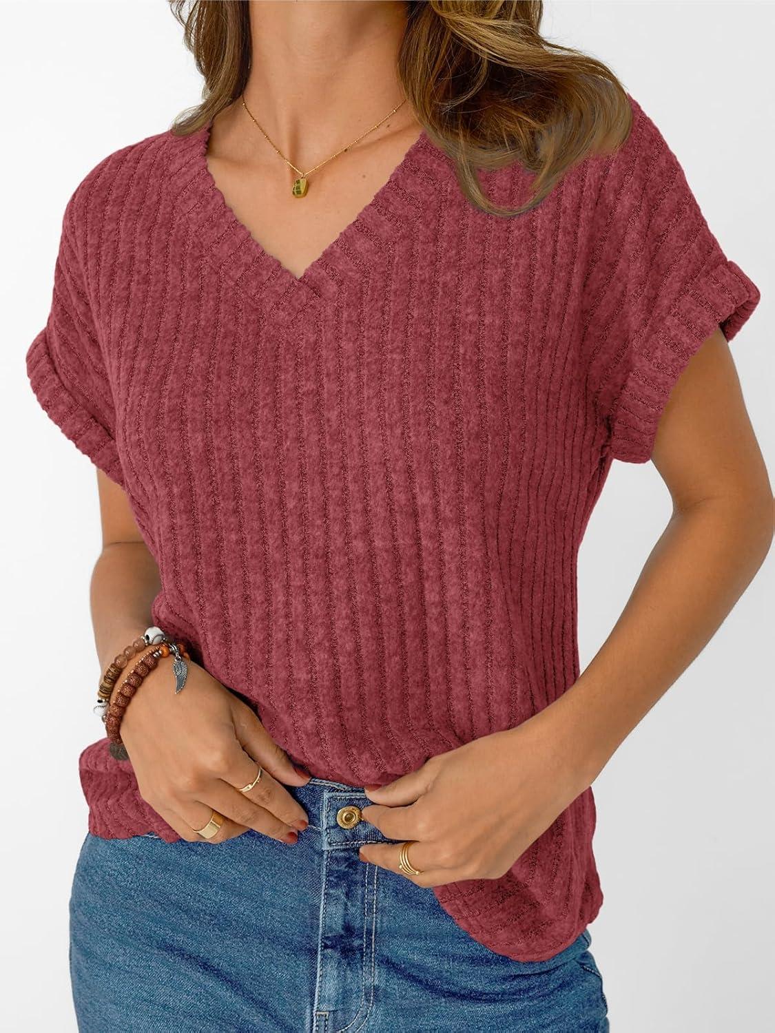 imageAUTOMET Women Tops Summer Sweaters Short Sleeve Shirts 2025 Spring Vacation Fashion Dressy Casual Business V Neck BlousesBurgundy