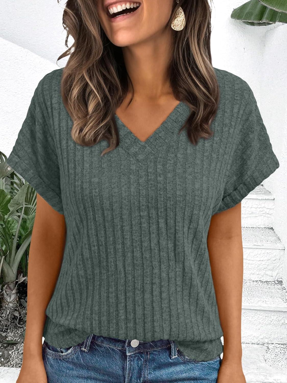 imageAUTOMET Women Tops Summer Sweaters Short Sleeve Shirts 2025 Spring Vacation Fashion Dressy Casual Business V Neck BlousesGreen