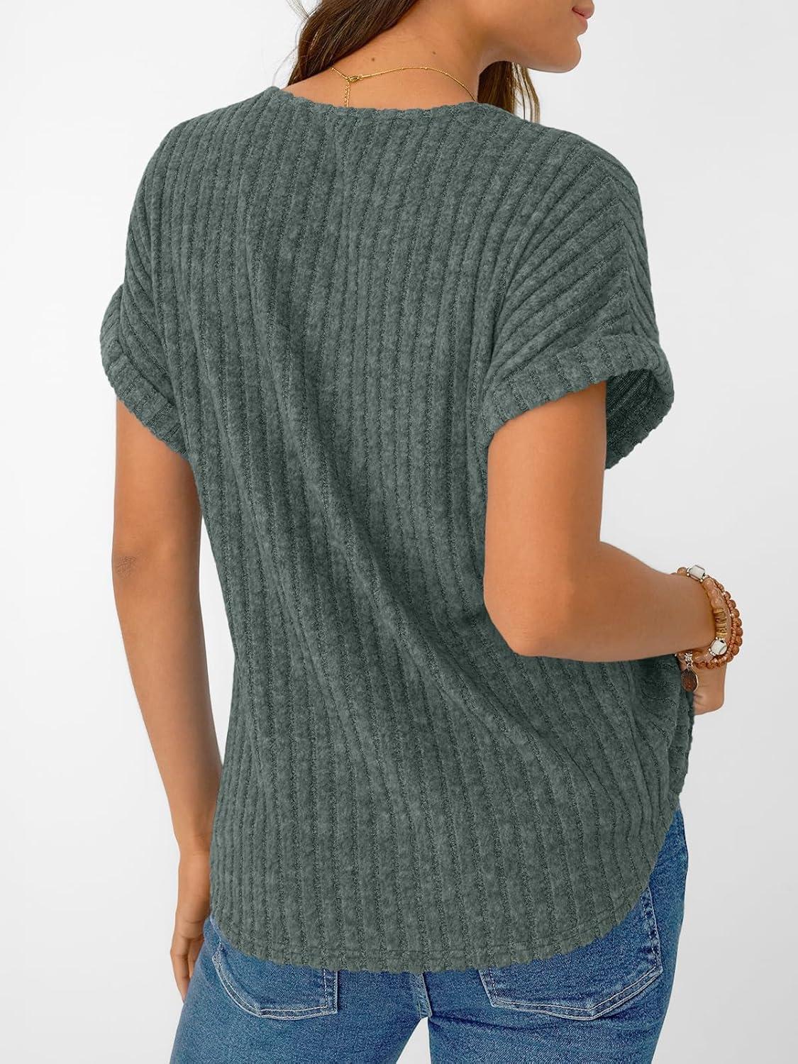 imageAUTOMET Women Tops Summer Sweaters Short Sleeve Shirts 2025 Spring Vacation Fashion Dressy Casual Business V Neck BlousesGreen