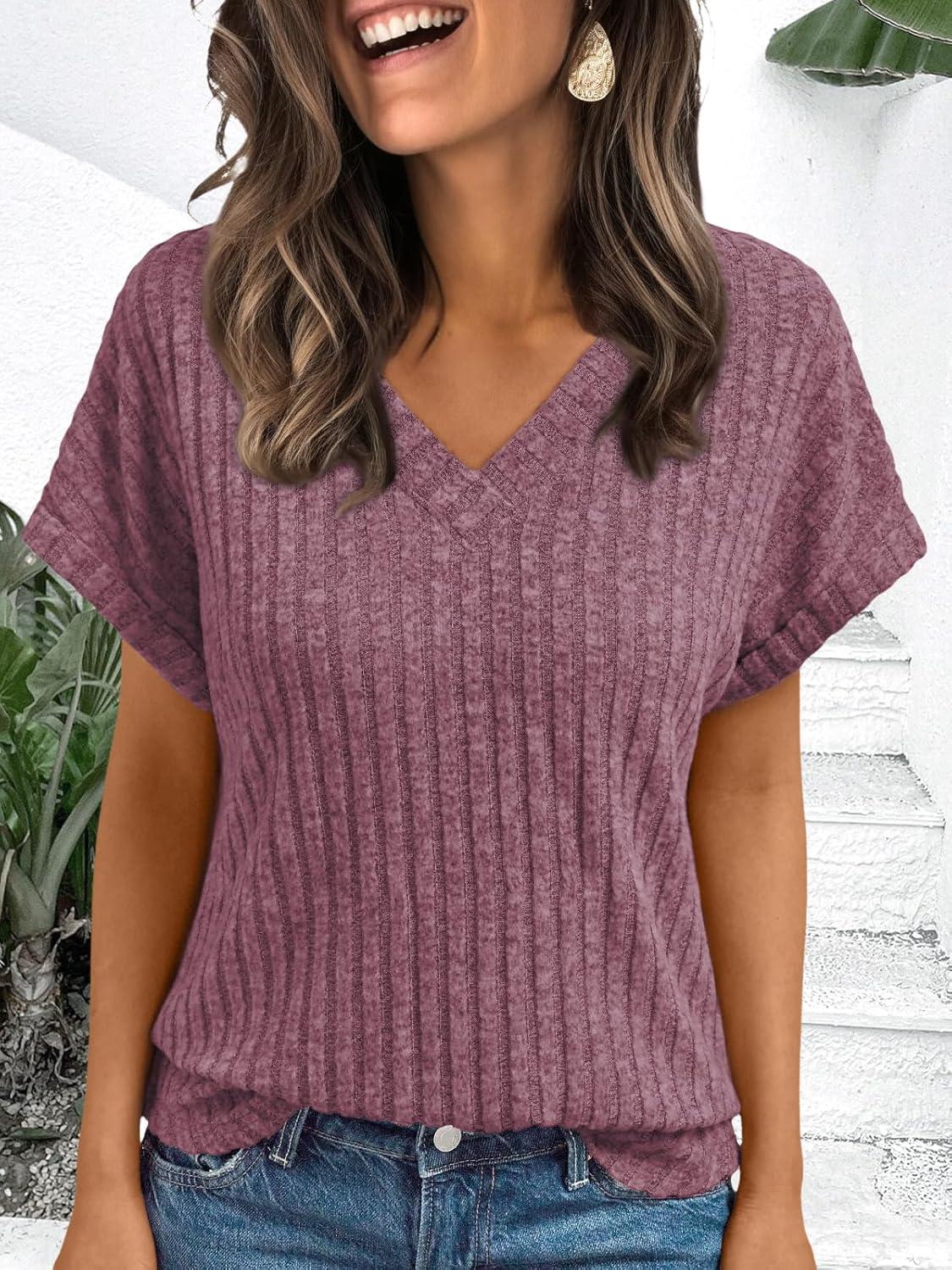imageAUTOMET Women Tops Summer Sweaters Short Sleeve Shirts 2025 Spring Vacation Fashion Dressy Casual Business V Neck BlousesPurple Red