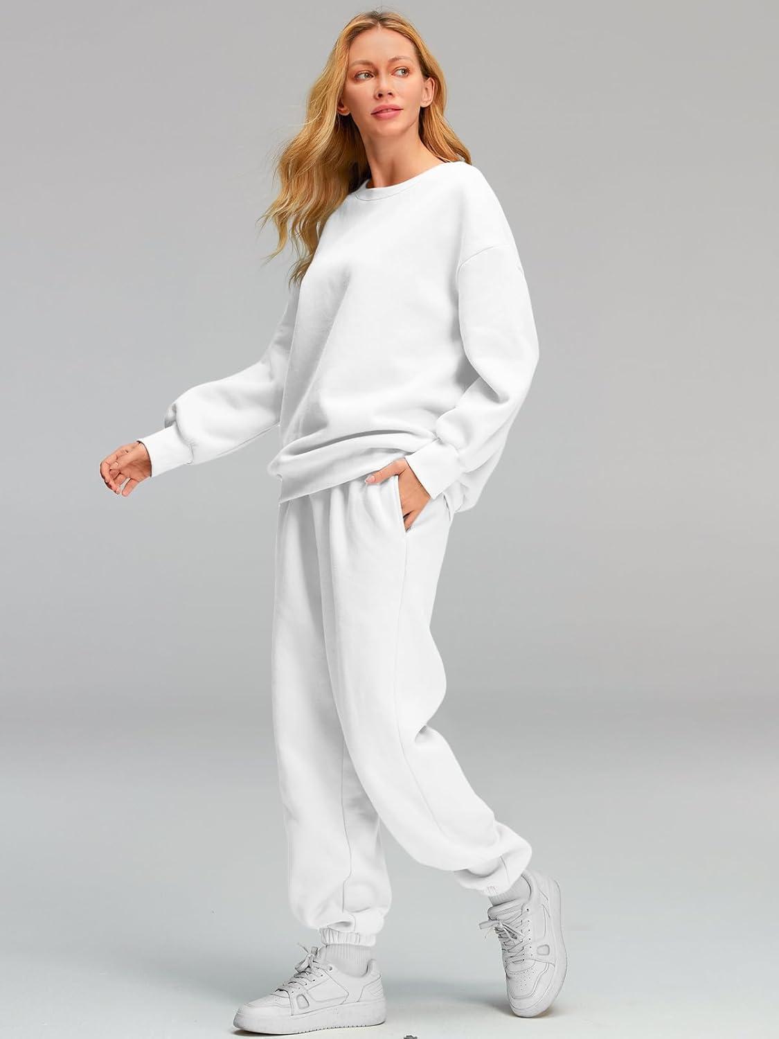 imageAUTOMET Womens 2 Piece Outfits Sweatsuit Lounge Sets Oversized Sweatshirt Baggy Sweatpants Fall Fashion with PocketsWhite