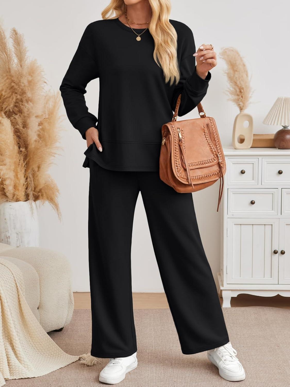 imageAUTOMET Womens 2 Piece Sweatsuits Outfit Lounge Sets Side Slit Sweatshirt Wide Leg Tracksuit Travel Loungewear with PocketsBlack